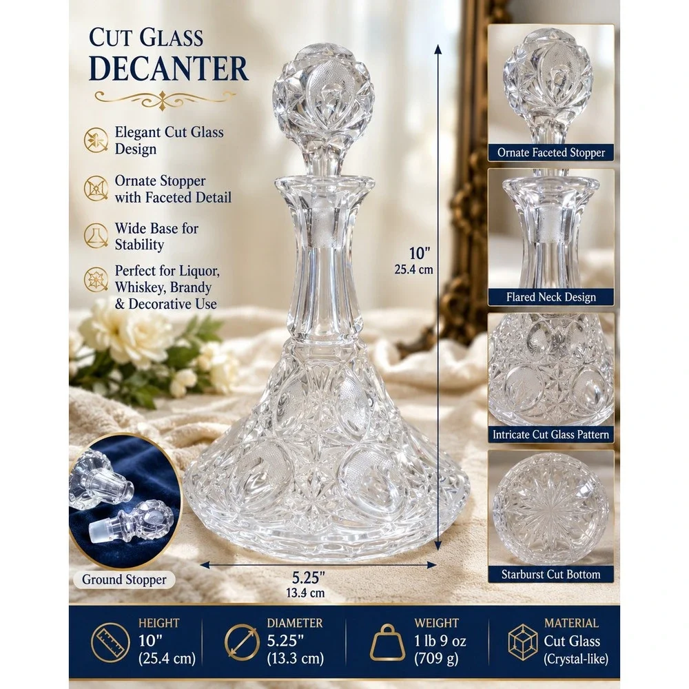 Vintage Cut Lead Crystal Ships Decanter with Faceted‎ Ball Stopper Clear Glass